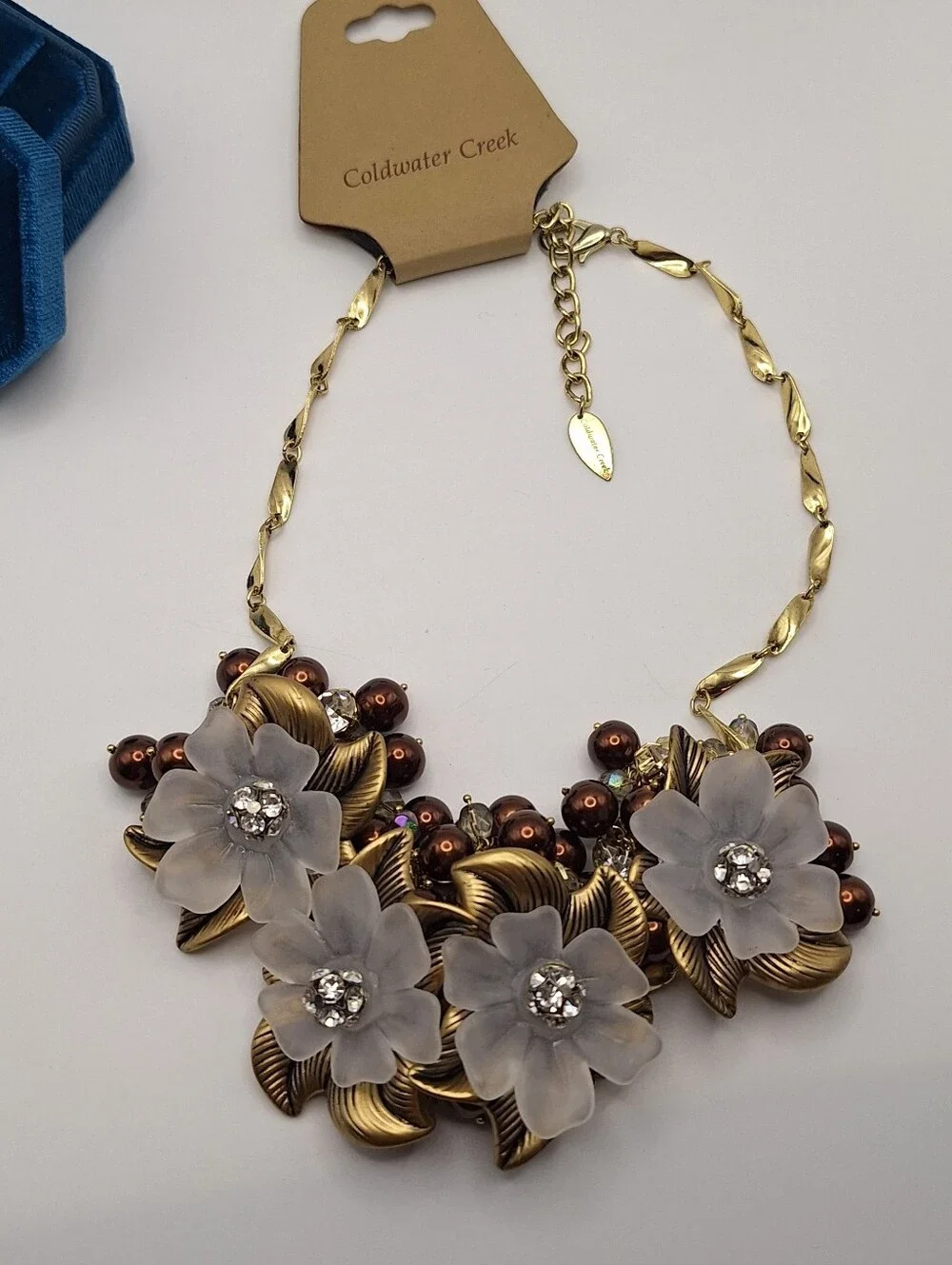 Coldwater Creek Gold-Tone Necklace with Frosted White Flowers and Brown Beads